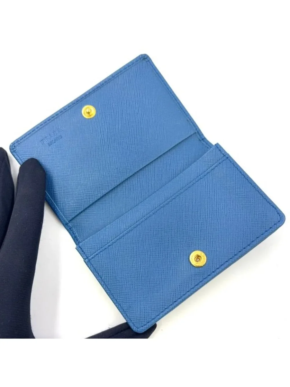 Prada Saffiano Metal Logo Leather Blue Card Case Gold - Picture 3 of 13